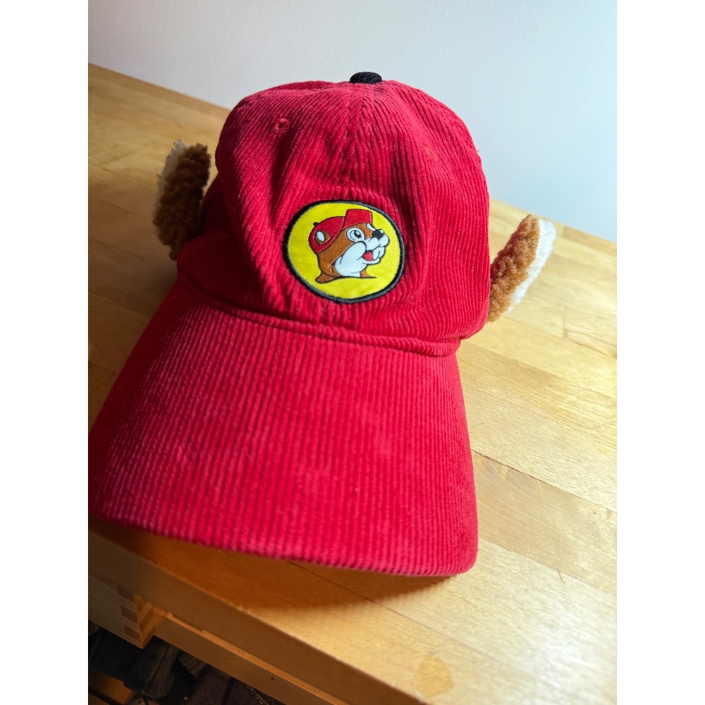 Buc-ee's Red Corduroy Snapback Hat with Plush Ears Beaver Mascot Logo Cap